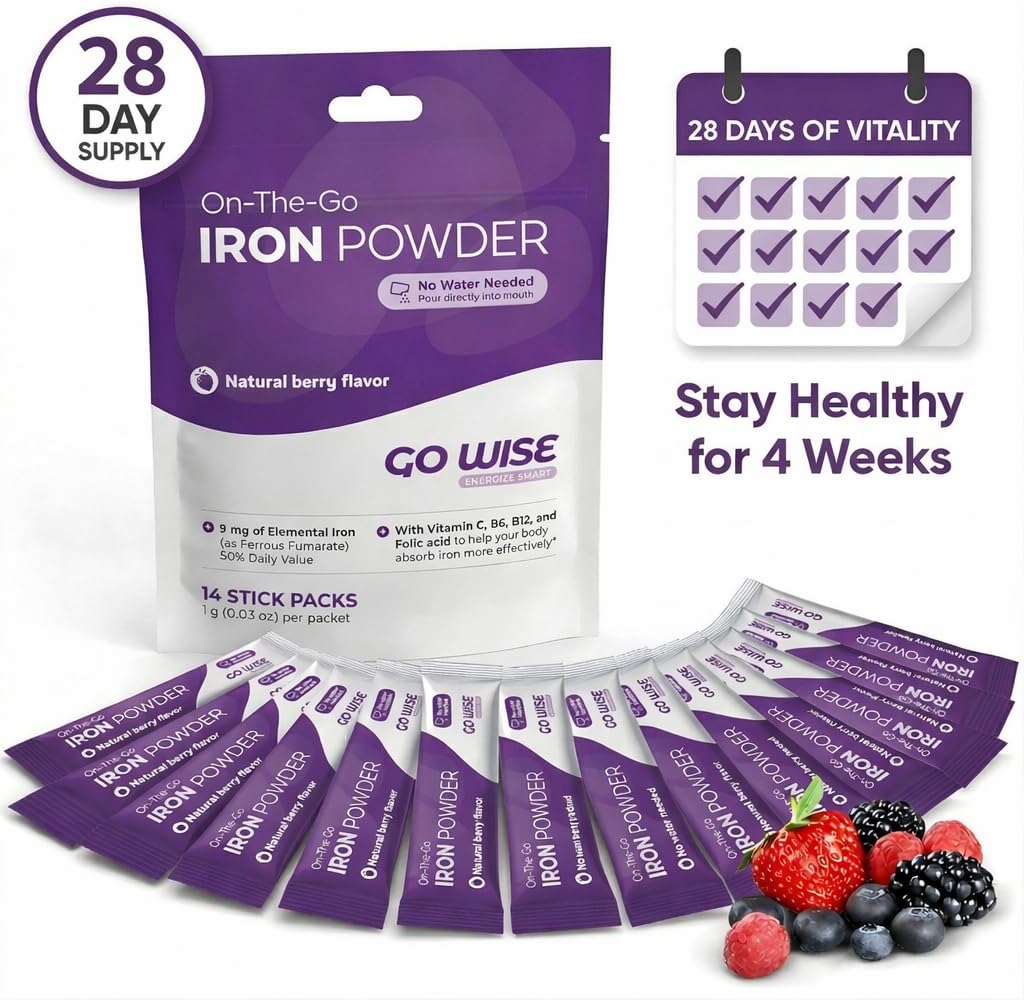 Go Wise Gentle Iron Powder Supplement No Water | with Vitamin C, B6, B12 & Folic Acid | Supports Low Ferritin, No Metallic Taste | Vegan Iron Supplement for Women, Men & Bariatric |28 Packs