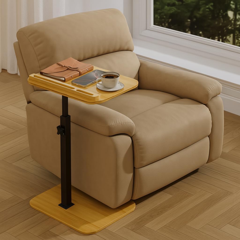 Bamboo Bed Tray Table with Foldable Legs, Adjustable Bamboo End Table for Couch