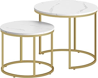 Couchtisch rund 2er Set für Wohnzimmer – Beistelltische im Loft-Design, ineinander schiebbar, Sofatische aus Holzwerkstoff und Stahl, modern, platzsparend (Marmor - Gold)