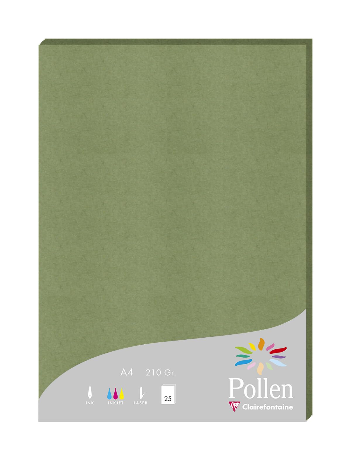 Clairefontaine 24270C Box of 25 Sheets Format A4 (21x29,7cm) 210gsm Colour Sage Green Invitation Paper Events & Correspondence Set Pollen Premium Paper