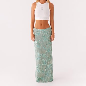 Women Y2k Sequin Long Skirt Bead Floral Embroidery Maxi Skirt Low Waist Rhinestone Glitter Bodycon Club Skirt