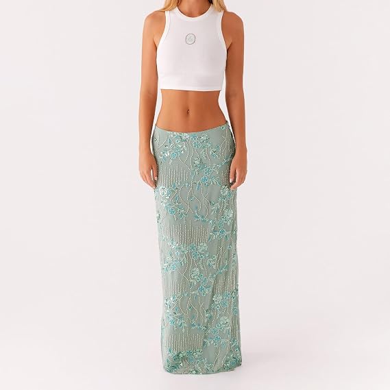 Women Y2k Sequin Long Skirt Bead Floral Embroidery Maxi Skirt Low Waist Rhinestone Glitter Bodycon Club Skirt