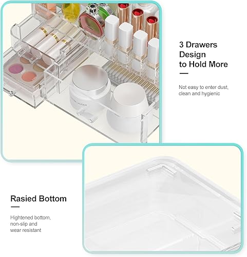 Miniatura 4 de Organizador de maquillaje transparente para tocador, organizador de baño de acrílico grande con 3 cajones de almacenamiento, organizador de cuidado