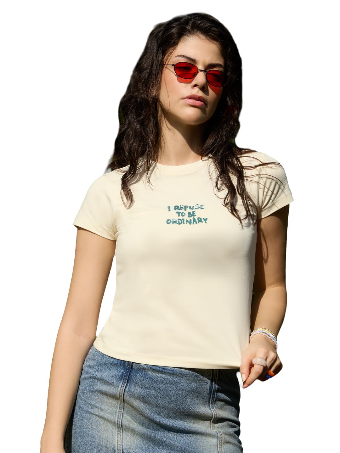the souled store Not Ordinary Women and Girls Short Sleeve Round Neck Off White Graphic Printed Cotton Elastane Slim Fit Side-Tie Detail Everyday Casual T-Shirts-picture-19