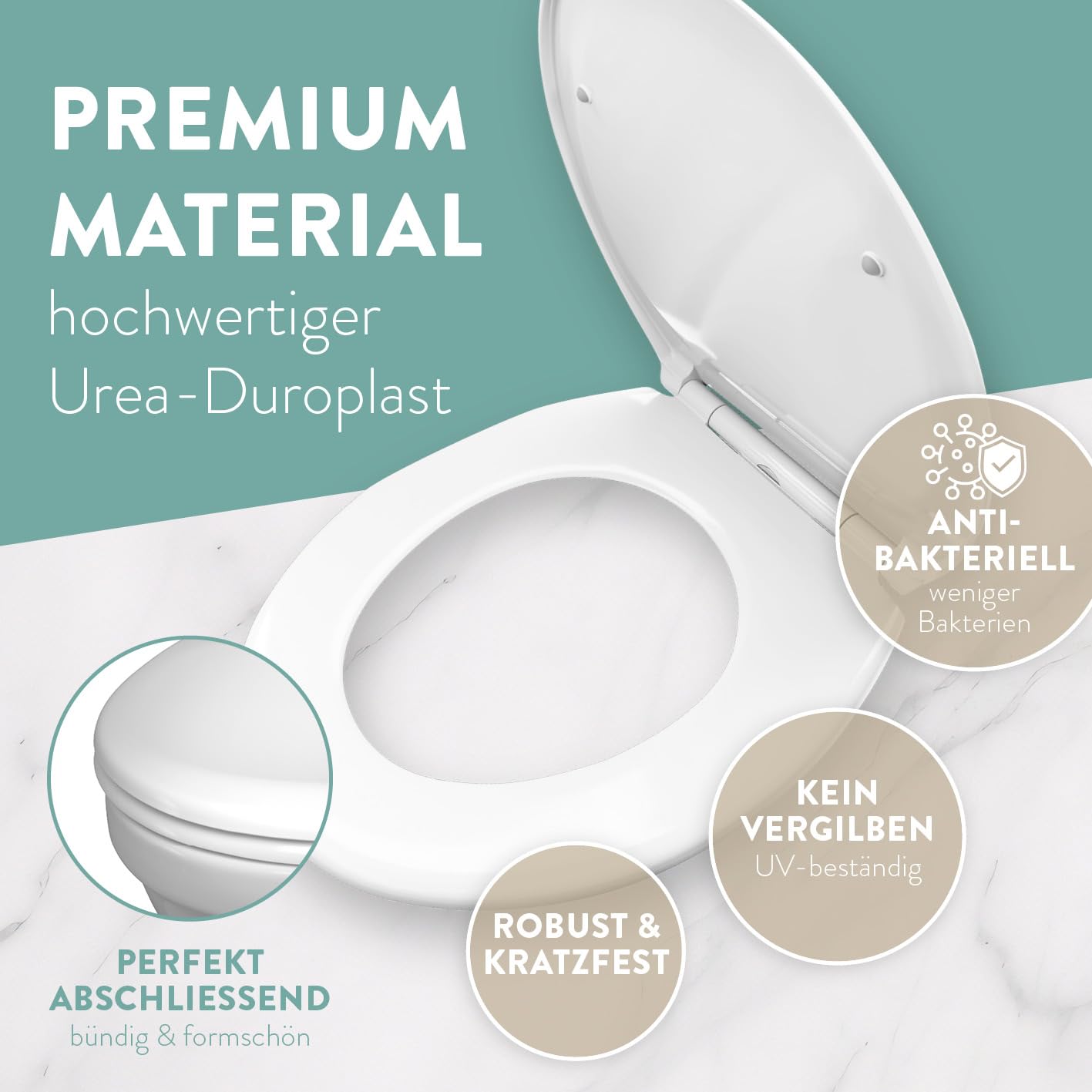Benkstein® Toilettendeckel mit Absenkautomatik oval weiß – antibakterieller WC Sitz – Quick-Release zur einfachen Reinigung – einfache Montage – Urea-Duroplast – abnehmbar – bis 150 kg belastbar