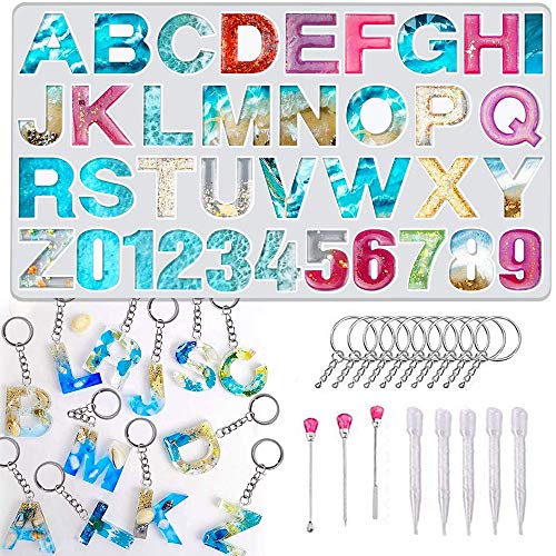 Numbers Letters Alphabet Resin Mould Kit Silicone Epoxy Casting Moulds Crystal Jewelry Pendant Making Molds with keychain rings Transfer Pipette Stir Stick for Handmade DIY Craft Pack of 29