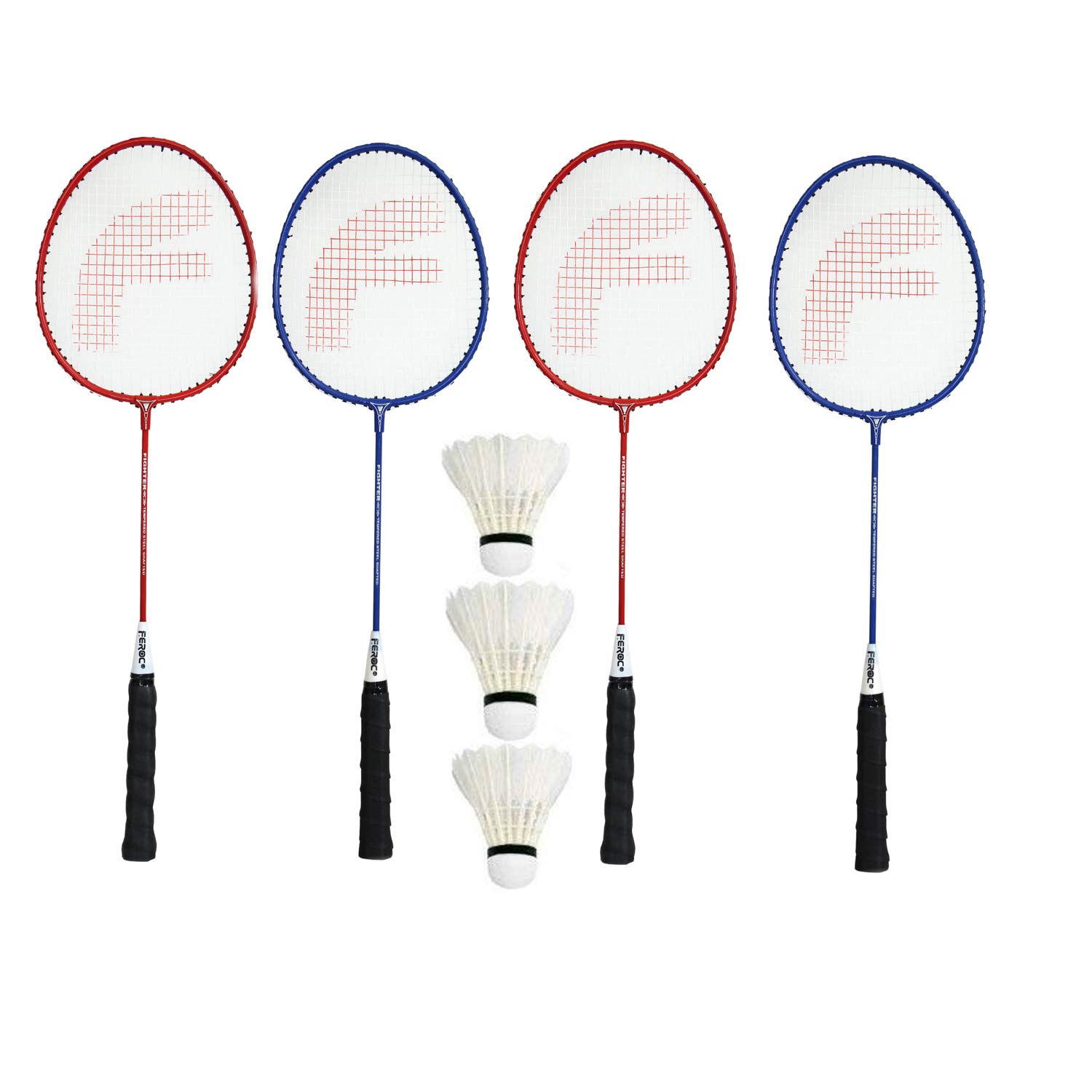 Fighter Set of 4 Pieces Aluminium Badminton Racket with 3 Pieces Feather Shuttles ,Aluminum, Multicolor