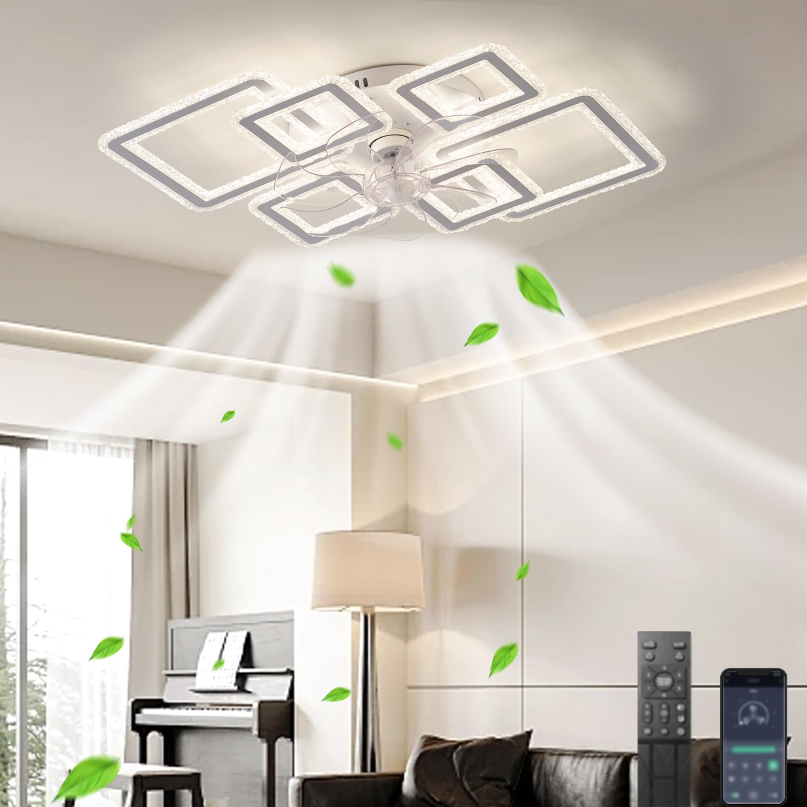 HXYSXHJUO White Crystal Fan Lights Ceiling for Living Room, Madern Silent Fans with Lamps Dimmable, and Remote Dining 7 Blades Winter/Summer Reversible