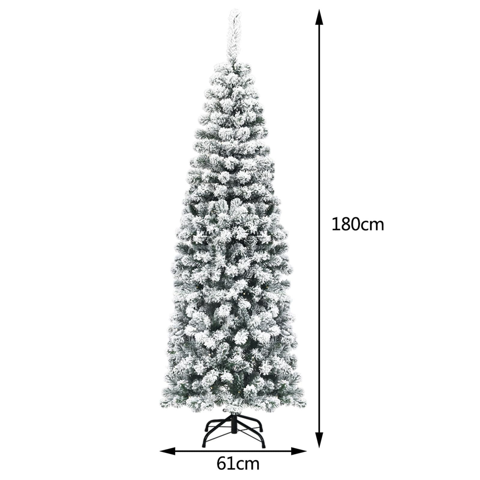 COSTWAY Albero di Natale Slim 135/180/225 cm, Albero di Natale Innevato con 150/250/350 Luci LED, 242/500/641 Rami e Base di Metallo, Decorazione Natalizia per Casa e Negozio (180 CM)