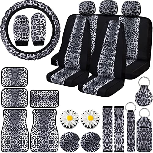 24 Pieces Leopard Print Car Accessories Set Leopard Seat Covers Full Set Cheetah Steering Wheel Cover Leopard Car Floor Mats Center Console Armrest Pad Keyring Vent for Car Decoration and Protection