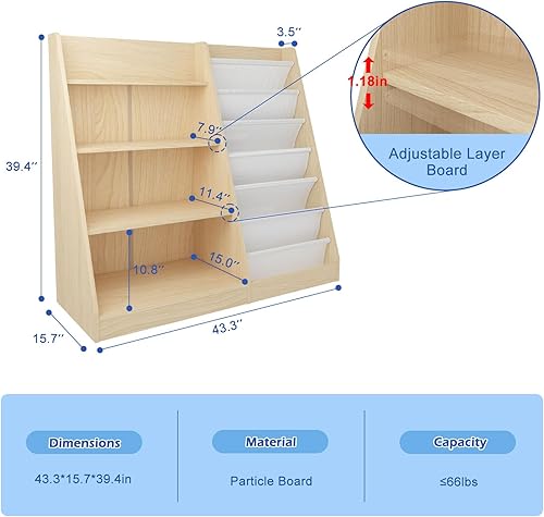 Miniatura 3 de Estantería de 4 niveles para niños, estante para libros para niños pequeños, organizador de almacenamiento de juguetes con 6 eslingas, estante