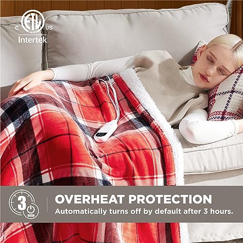 Image of Bedsure Plaid Heated Throw Blanket - Safe Electric Flannel Blanket with Red Plaid Pattern, Heated Blanket with 6 Heating Levels, 4 Time Settings, and 3 Hours Auto-Off (50x60 inches), BS-100T