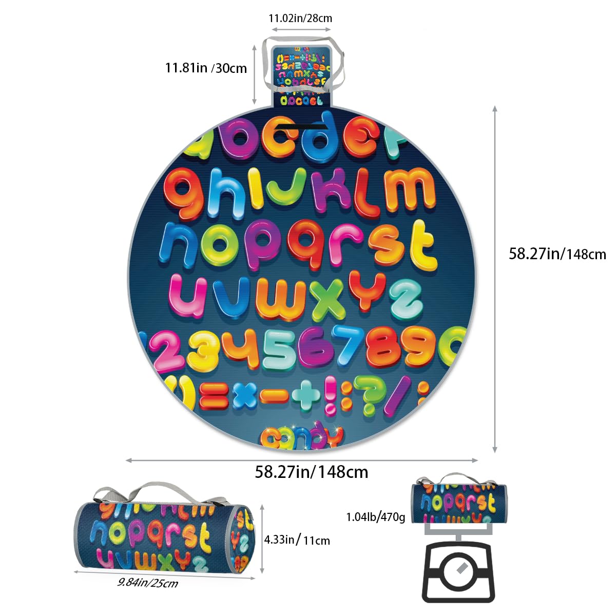 Shimoshe Cartoon Colorful Letters Picnic Outdoor Blanket Foldable Waterproof Sandproof Beach Blanket Portable Water-Resistant Round Picnic Mat for Travel Camping Park Lawn