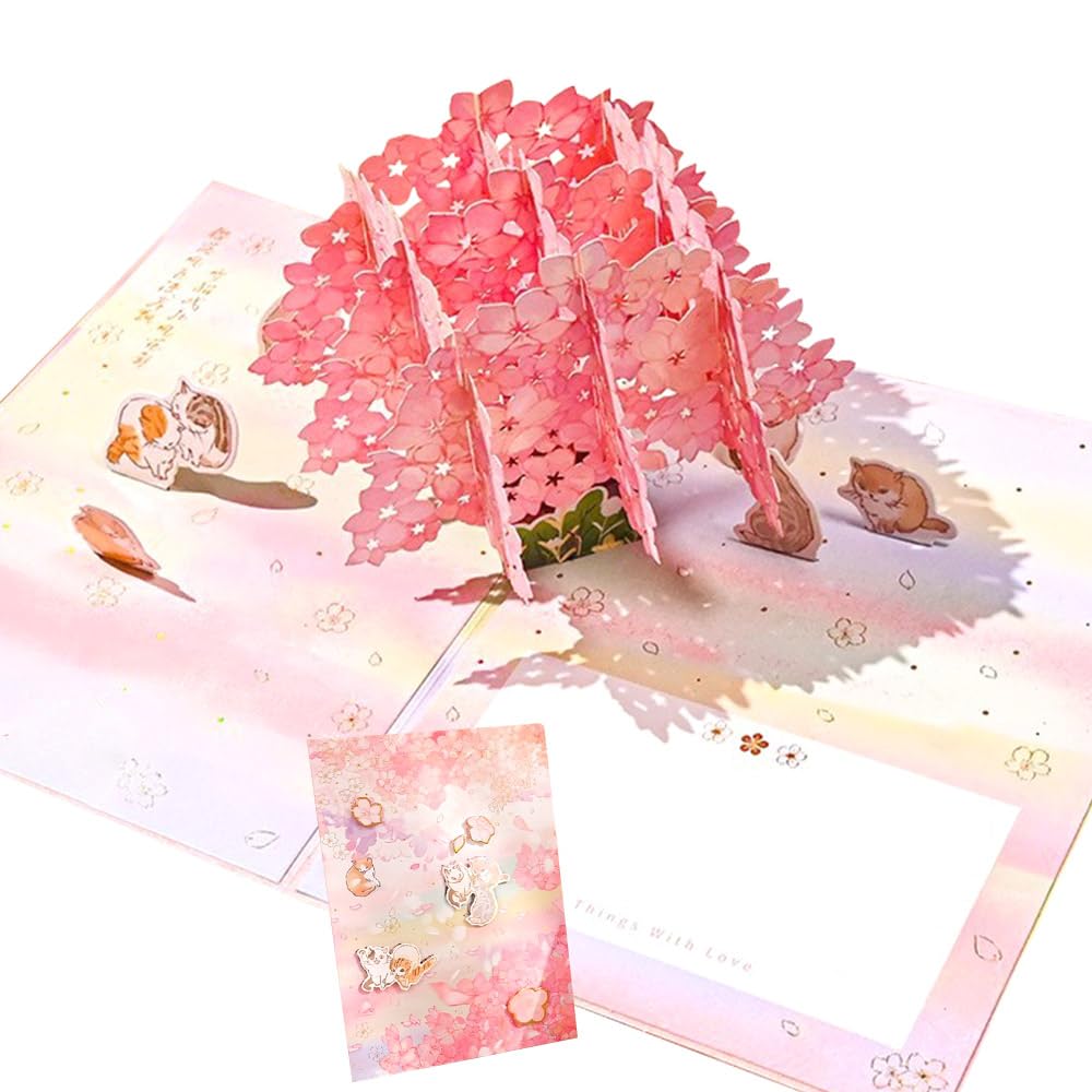 Amazon | 飛び出す 3D メッセージ カード 猫 と 桜 封筒付/きらきら 