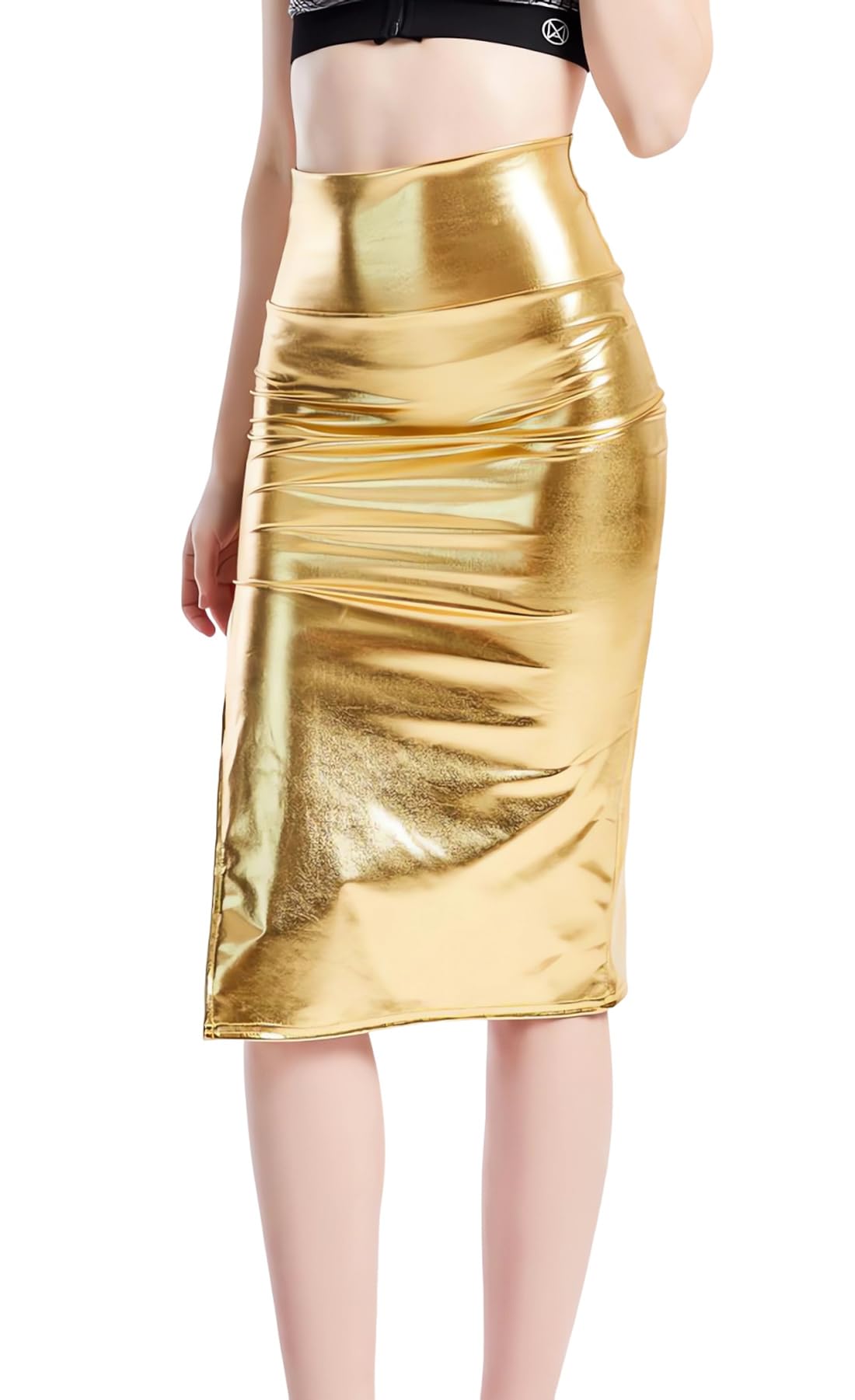 TouKingda Women's Shiny Midi Skirt, Metallic High Waist Bodycon Pencil Skirts, PVC Wet Look Split Side Midi Bodycon Club Dress Gold