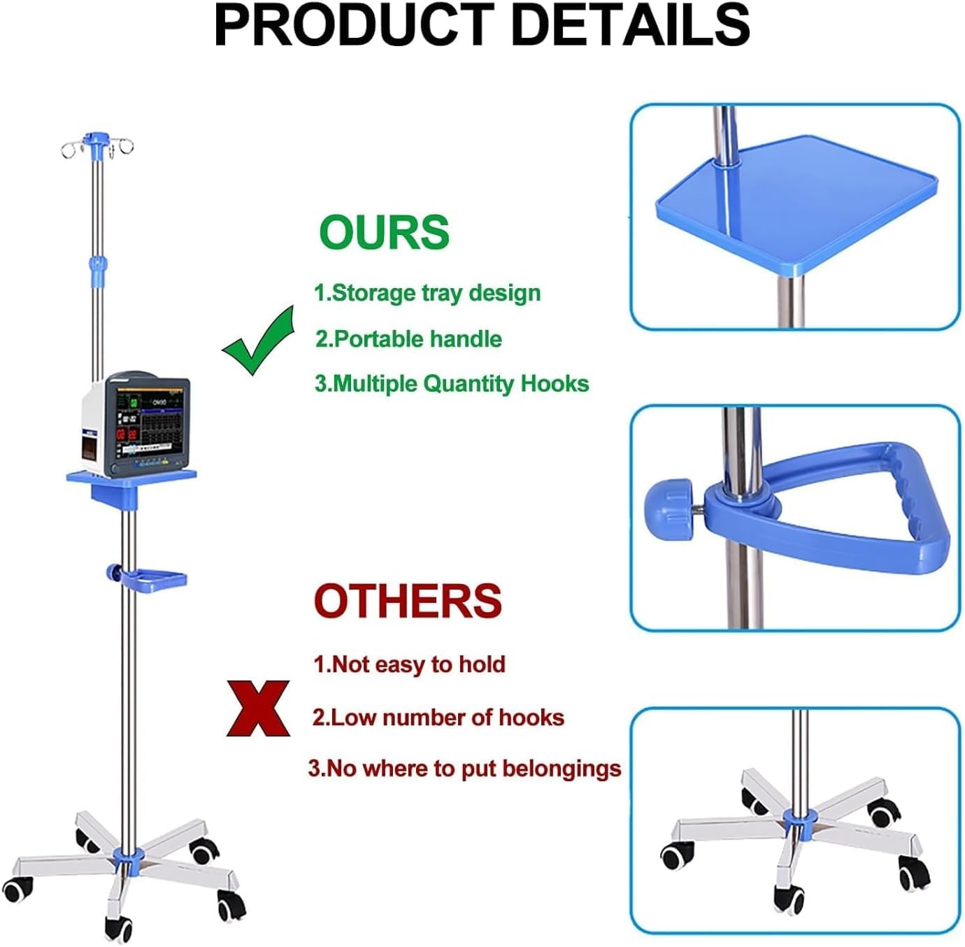 Soporte de Poste IV móvil, Poste IV Inoxidable con Bandeja, Soporte para IV, Soporte de infusión Ajustable, 4 Ganchos, Soporte para Bolsa IV de 5 Ruedas