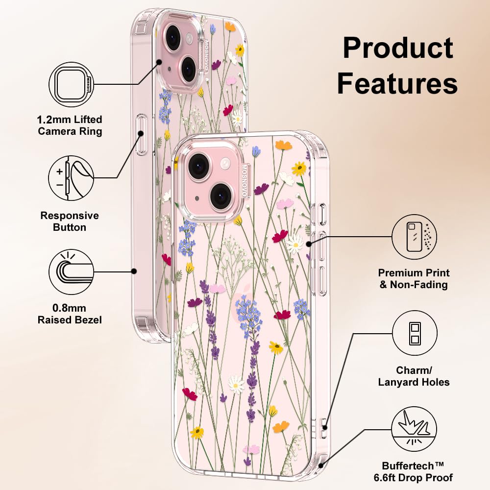 MOSNOVO Case for iPhone 15 Plus / 14 Plus [Buffertech 6.6ft Military-Grade Drop Protection] [Anti Peel Off Tech] Clear TPU Bumper Phone Case Cover Design - Floral Garden — view 6