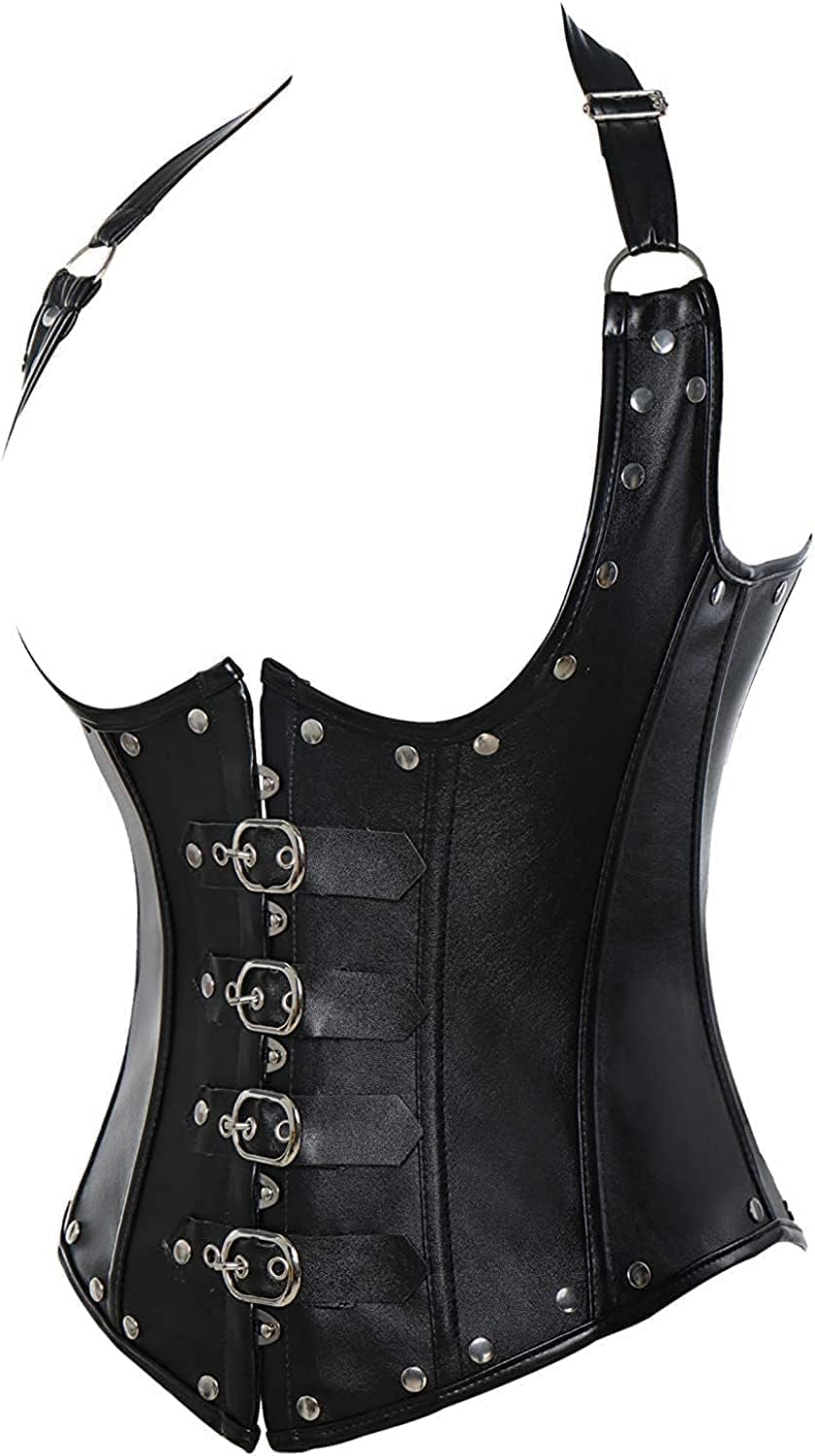 Women's Steampunk Faux Leather Bustier Halter Shoulder Straps Underbust Corset Top