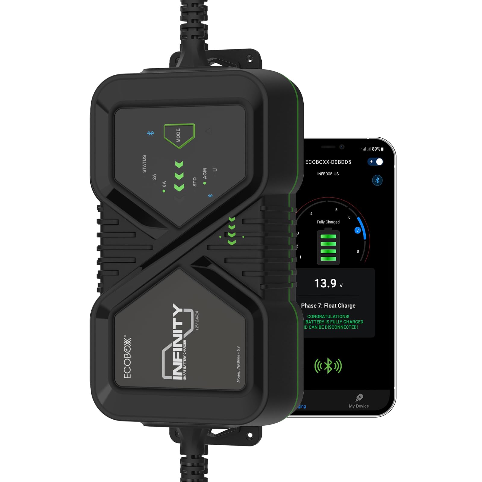 Infinity 8A Battery Charger with BT App Monitoring, IP65, 12V, 8 Stage Charging Automotive Charger, Battery Maintainer, Trickle Charger, Battery Desulfator for Car, RV, Motorcycle, ATV, Boats