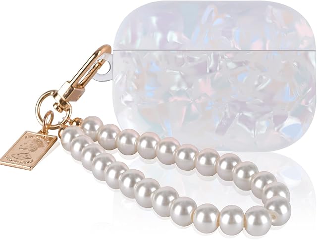 Glitter Design Case for Airpod Pro 2nd Generation 2022 with Pearl Wrist Keychain,Sparkle Bling Pretty Cute Soft TPU Shockproof Protective Skin Cover for Airpod Pro 2 for Women Girls -White