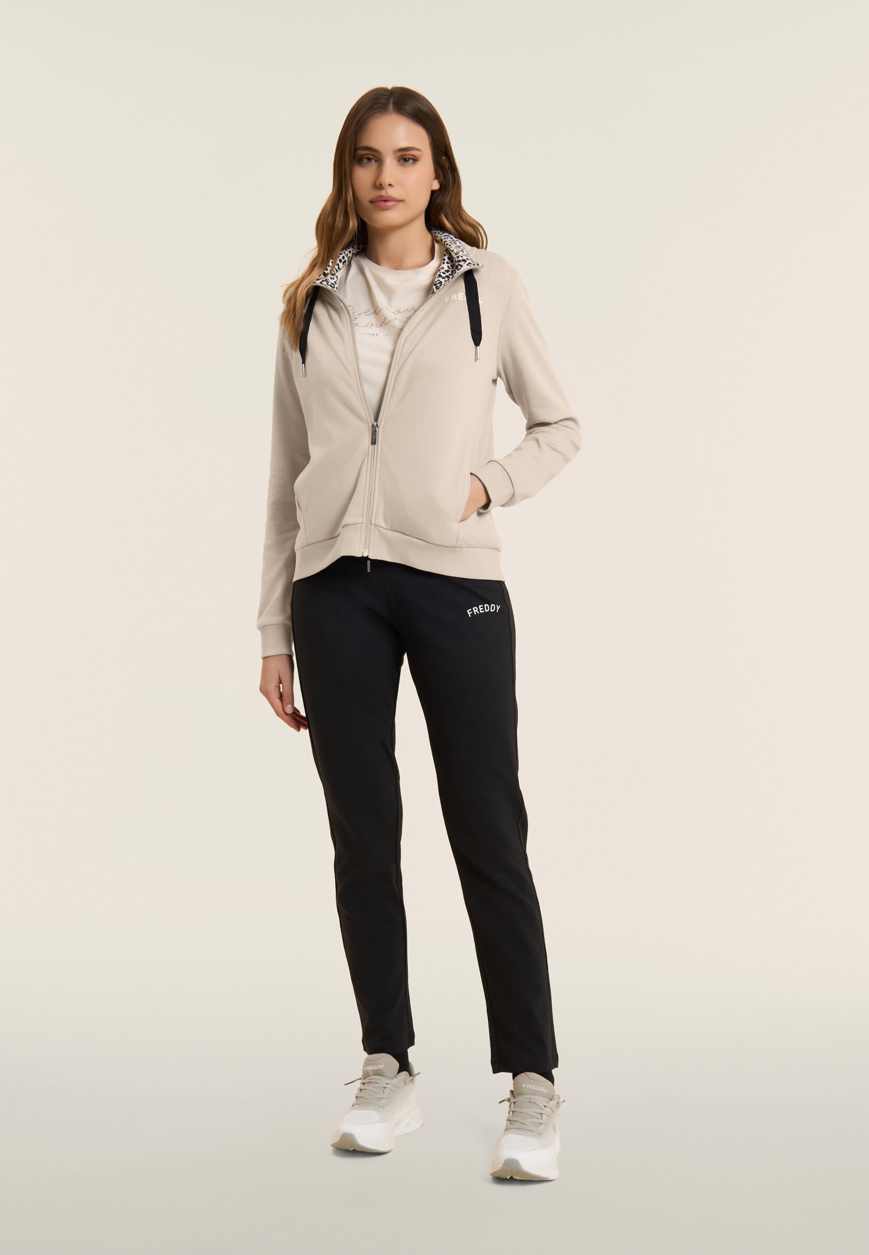 FREDDY - Tuta Donna Completa in Cotone Interlock con Felpa con Zip e Collo Alto Foderato Animalier, Pantaloni con Coulisse - Tute Sportive