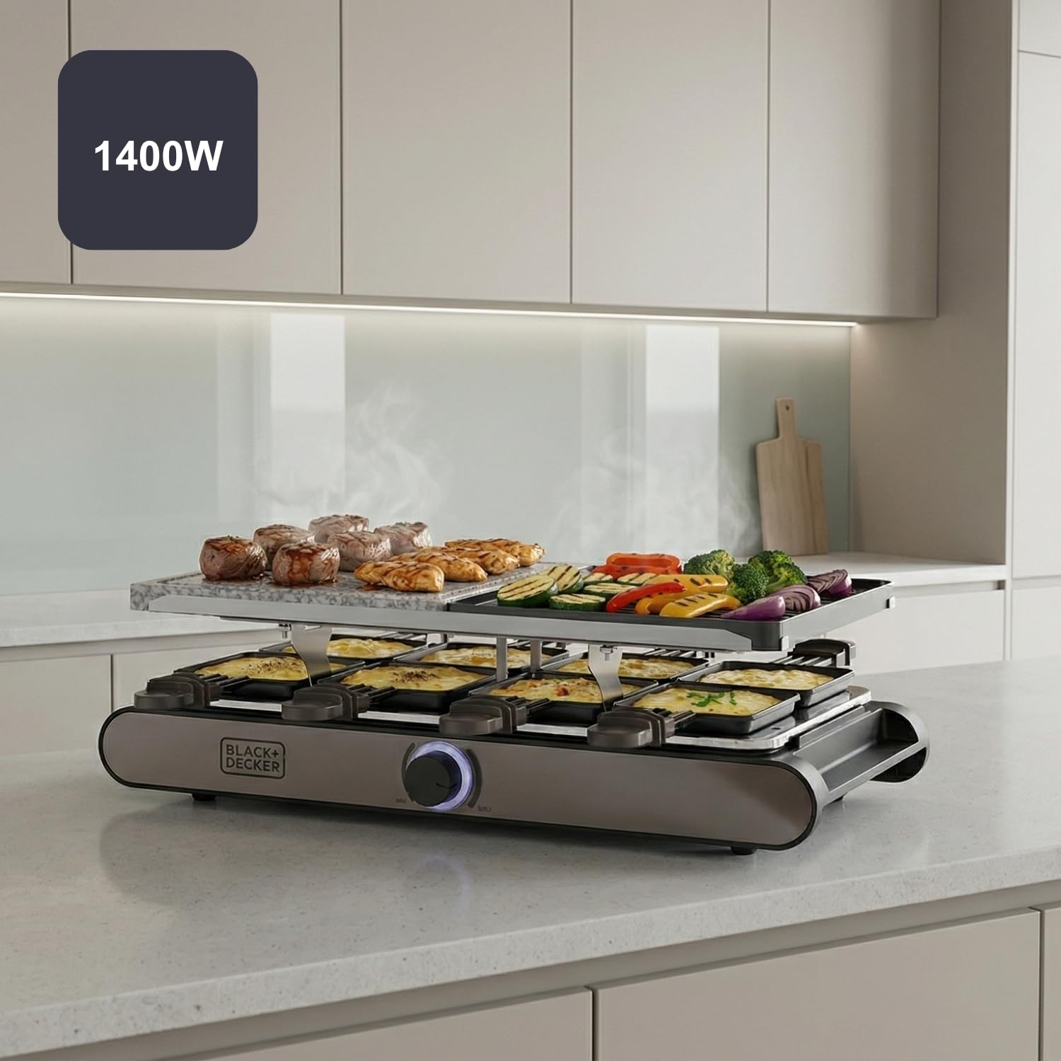 Black+Decker BXFC1400E elektryczny raclette | 1400 W | dla 8 osób | dwustronna płyta grillowa/deska + kamień naturalny | regulowany termostat LED, nieprzywierający, akcesoria w zestawie