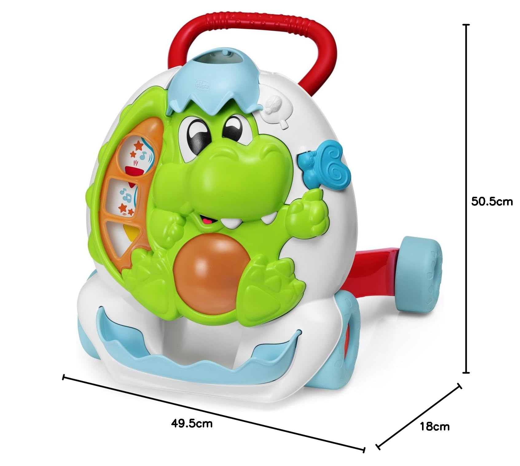 Chicco Gioco Primipassi Dinosauro, 2in1 Evolutivo, Girello e Centro attività Elettronico, 2 Palline, 3 Formine, Luci e Suoni, Parti in Plastica Riciclata 80%, Made in Italy, Giochi Bambini 9-24 Mesi