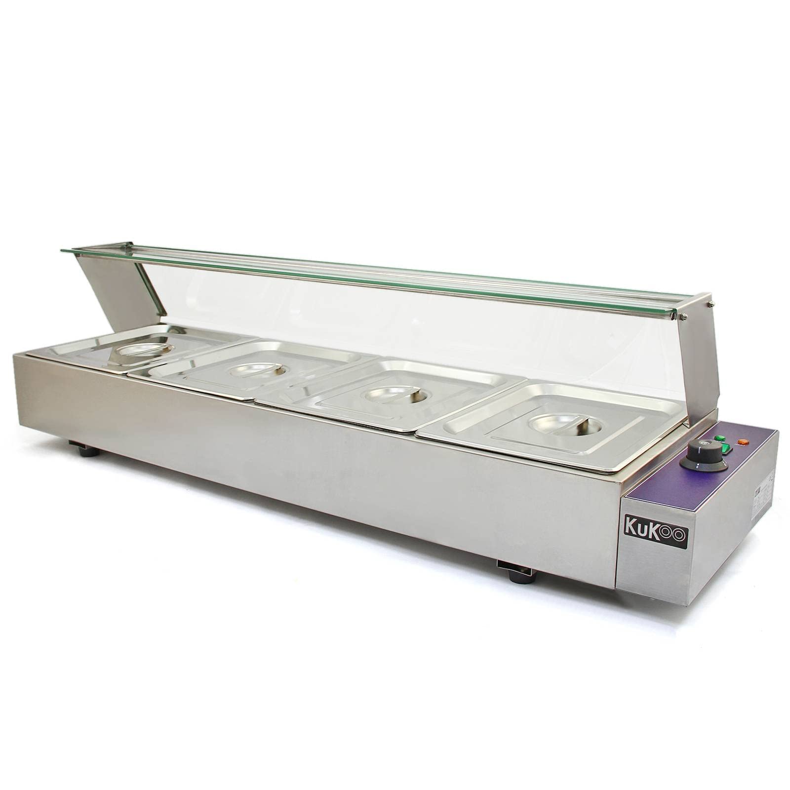 Vitrina Calienta Comida Eléctrica+4 Sártenes con Tapas de Acero Inoxidable (Capacidad 4 x 5.5L) Incluidas Calientaplatos Servidor Buffet Comida Caliente 2 Años Garantía para Cocinas Restaurantes Bares