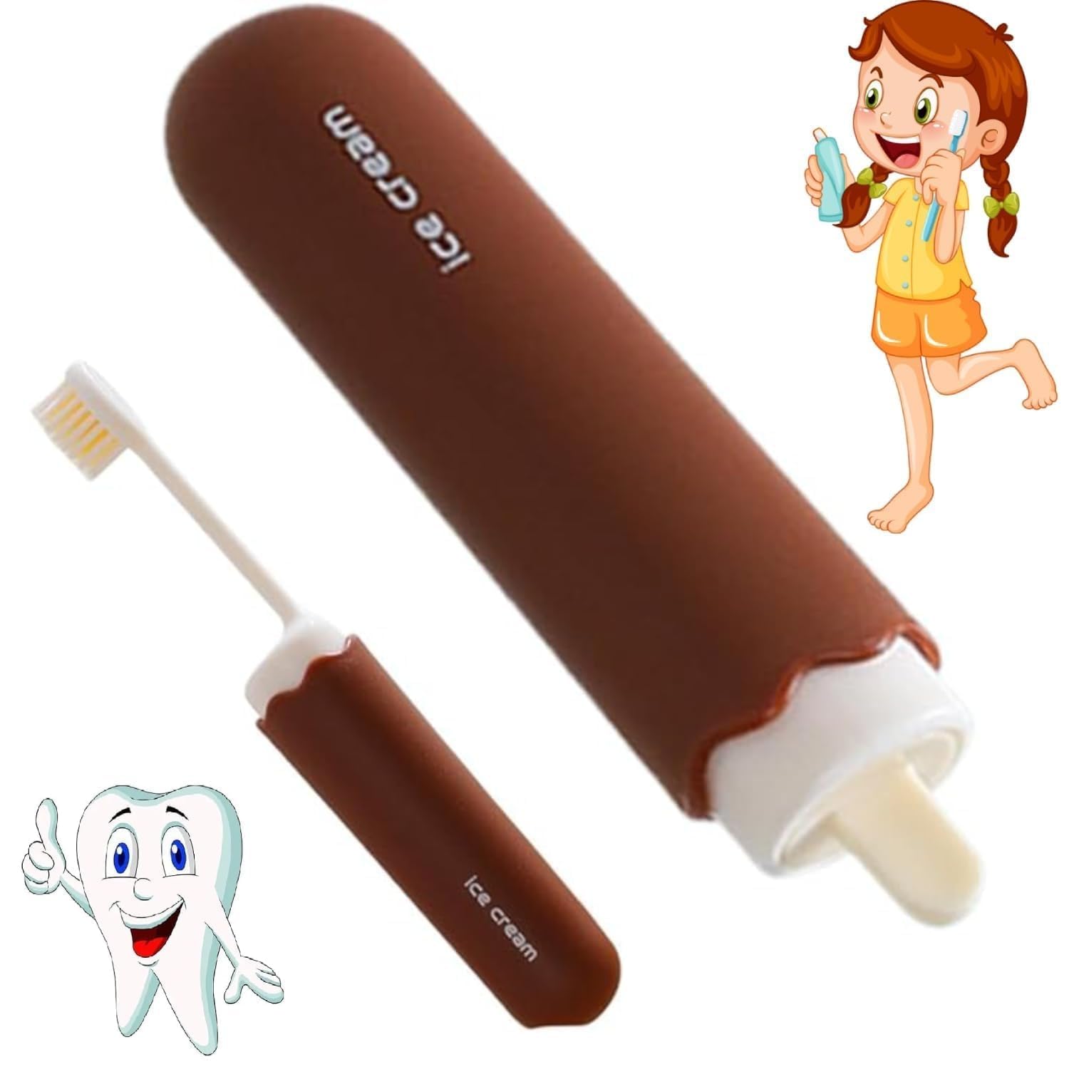 Ice Cream Shaped Toothbrush Chocolate Brown for Kids with Travel Case-image-41