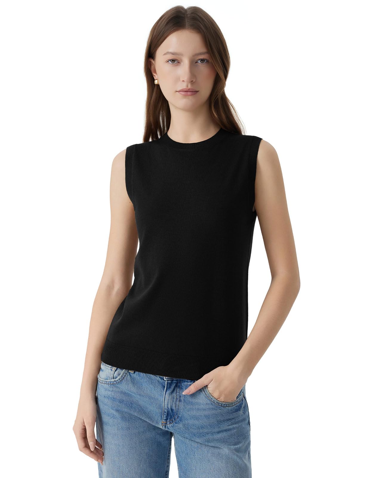 SUUKSESS Women Silk Cashmere Blend Crew Neck Sweater Vests Sleeveless Tank Tops