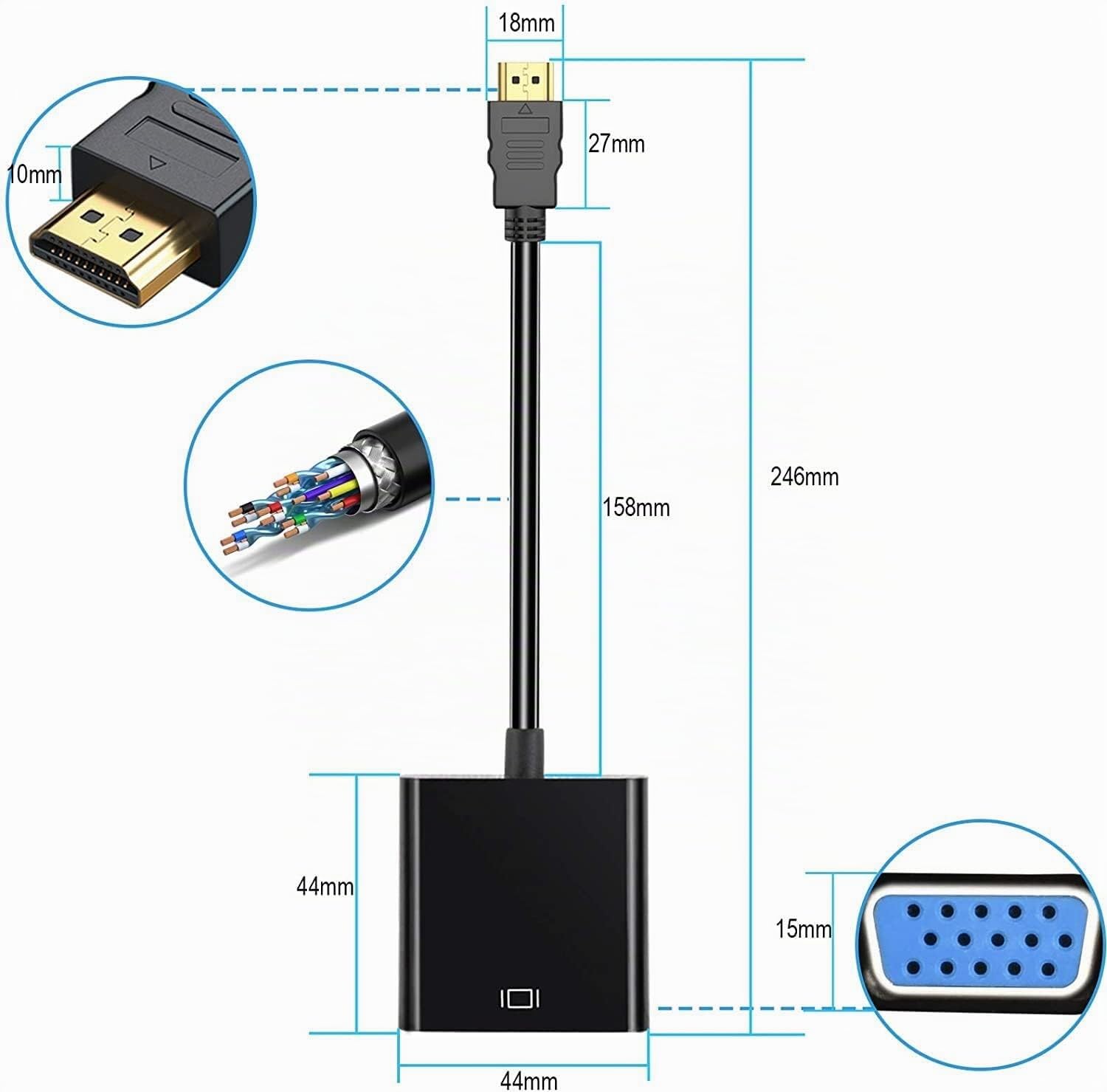 Adattatore da HDMI a VGA maschio-femmina placcato oro per PC, monitor, proiettore, HDTV
