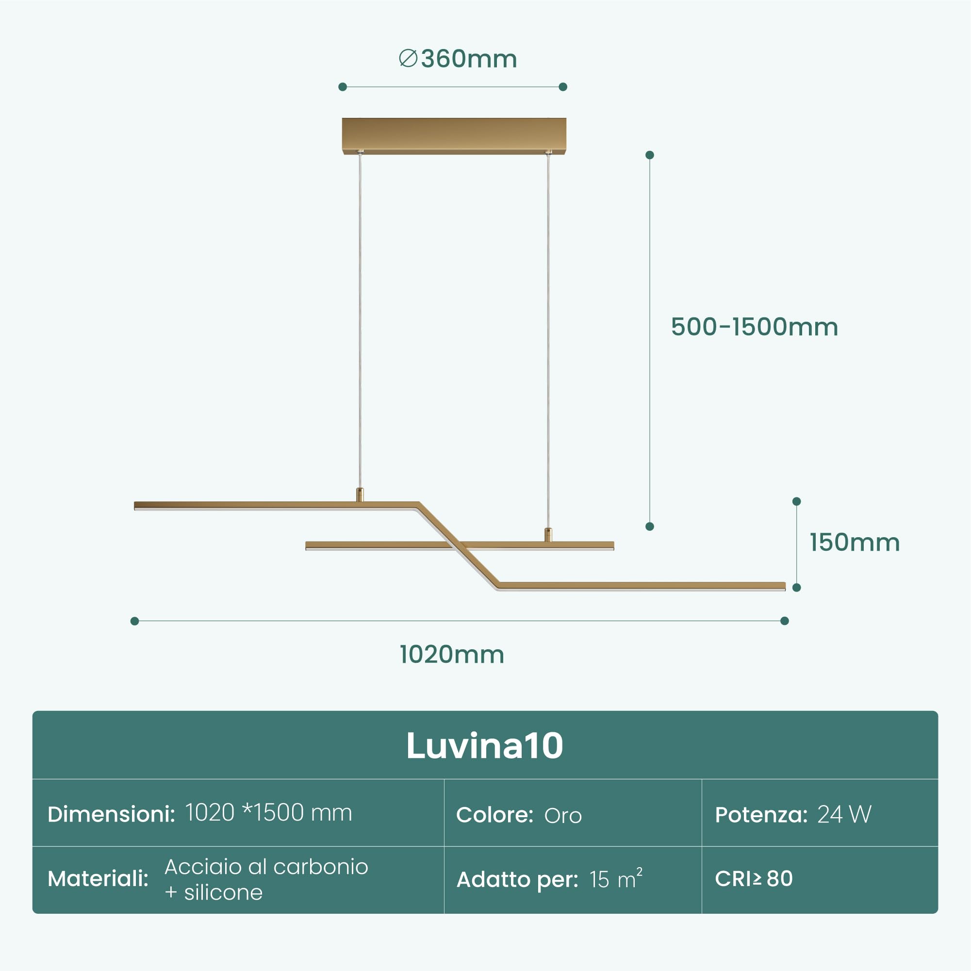 Mai & Mai Lampadario Sospensione 24W, 105 CM, Lunghezza Filo 150 CM, Oro | Metallo Base, Altezza regolabile, Lampada da Soffitto a Sospensione per Camera da Letto, Cucina e Soggiorno, Oro, Luvina10