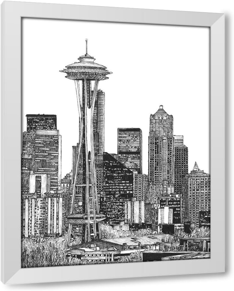 Wang, Melissa 20x24 Black Modern Framed and Double Matted Museum Art Print Titled BandW Us Cityscape-Seattle