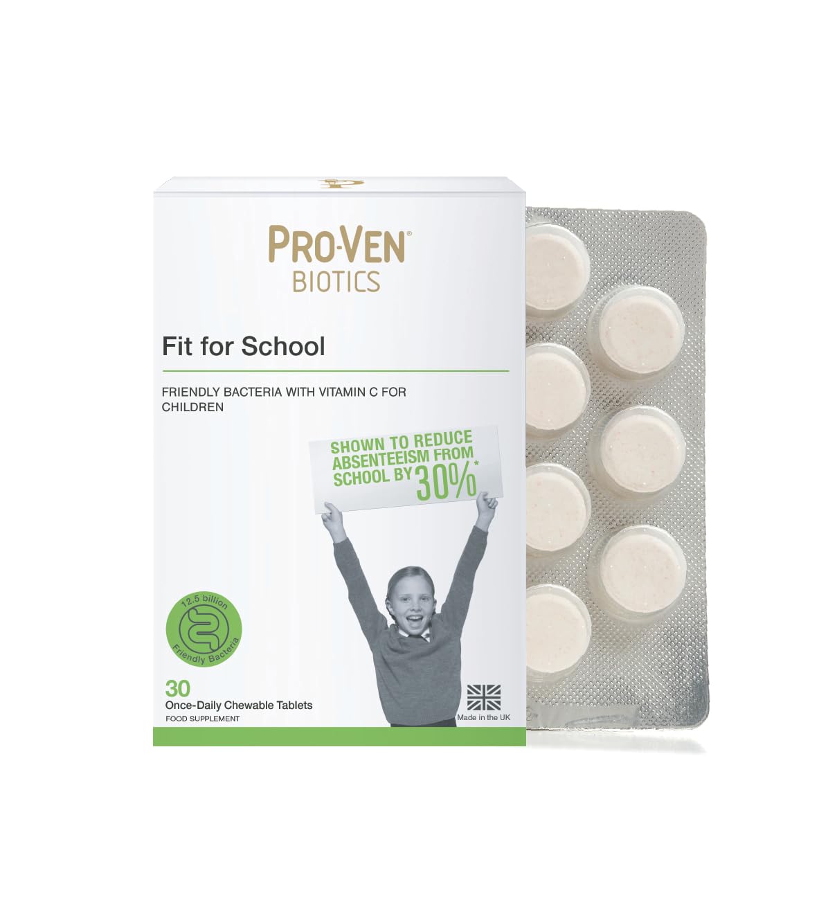Pro-Ven for Children (4-16) Fit for School Gut Health and Immune Support 12.5 Billion CFU & Vitamin C Supplement 30 Strawberry Chewable Tablets