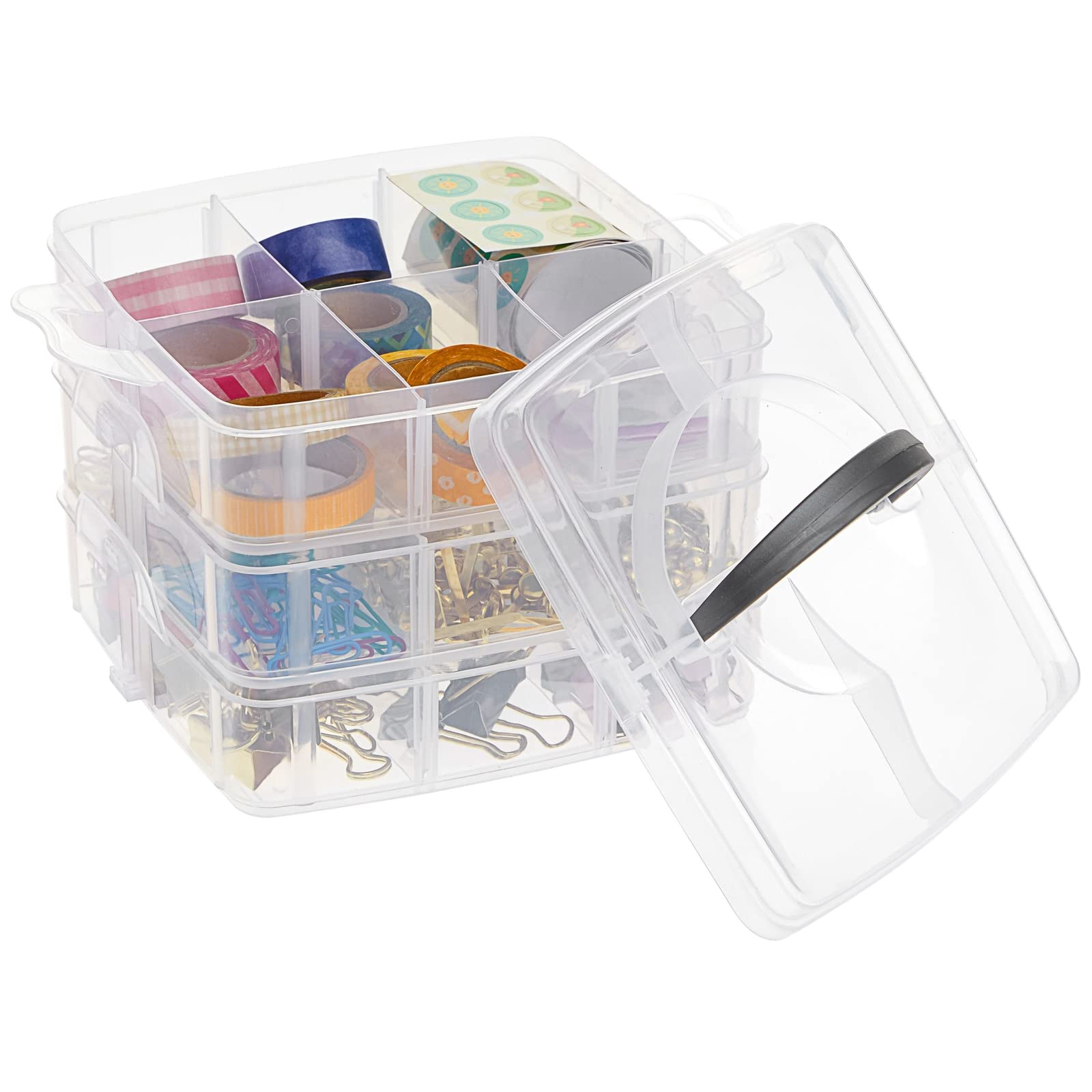 Juvale 3 Tier Stackable Storage Containers with Adjustable Compartments for Beads, Sewing Accessories, Arts and Crafts Supplies (6 x 6 x 5 Inches)