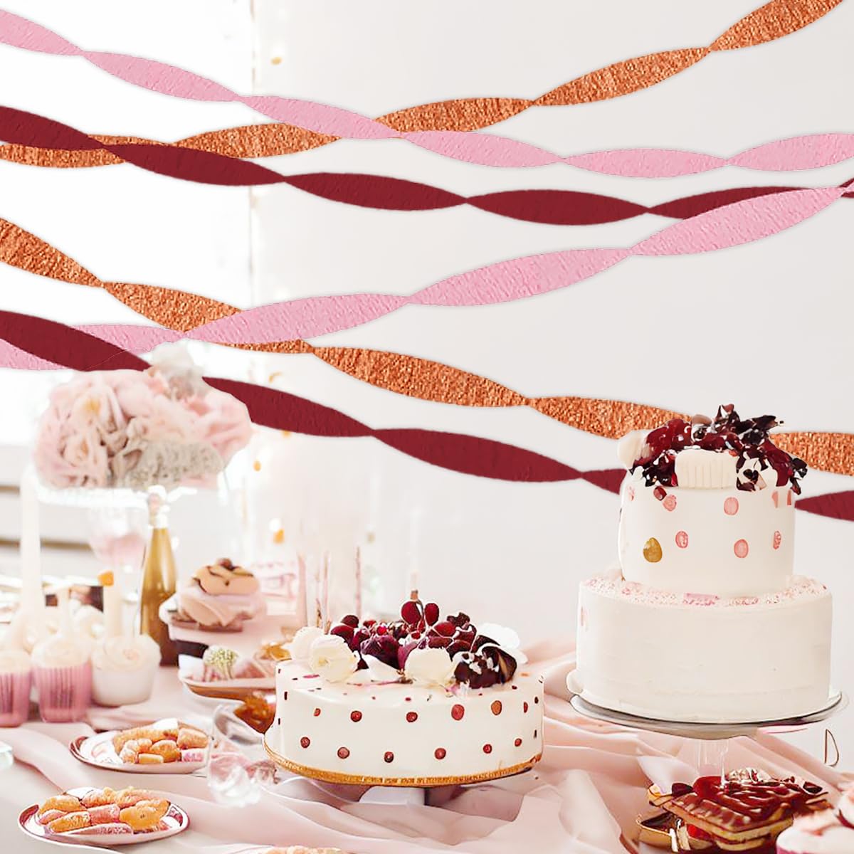 Różowe złoto różowe bordowe dekoracje imprezowe - zestaw 9 serpentyn z krepy papierowej dekoracja dziewczyna urodziny baby shower wieczór panieński zaręczyny ślub dzień matki walentynki galentyny