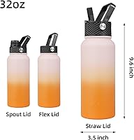 Vista 178 de BJPKPK - Botellas de agua aisladas con tapa de popote, botellas de agua de acero inoxidable de 40 onzas con 3 tapas, termo a prueba de fugas libre