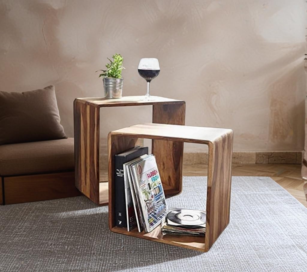TANWAR HANDICRAFT Sheesham Wood Bedside Table for Bedroom, Nested Cube - Set of 2 | Durable and Sturdy End Table | Home Decor Coffee Table | Night Stand Table (Natural Finish)-image-11