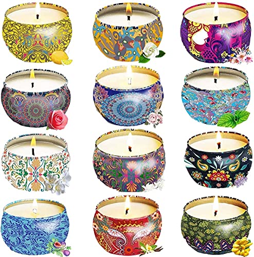 Scented Candles Gift Set, Natural Soy Wax 2.5 Oz Portable Travel Tin Candles Women Gift with Strongly Fragrance Essential Oils for Aromatherapy- 12 Pack