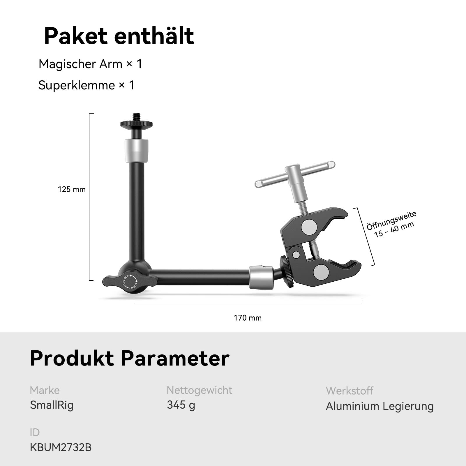 SMALLRIG 10 Zoll Magic Arm mit Super Clamp Large Crab Zangenclip für Monitor LED Licht - KBUM2732B