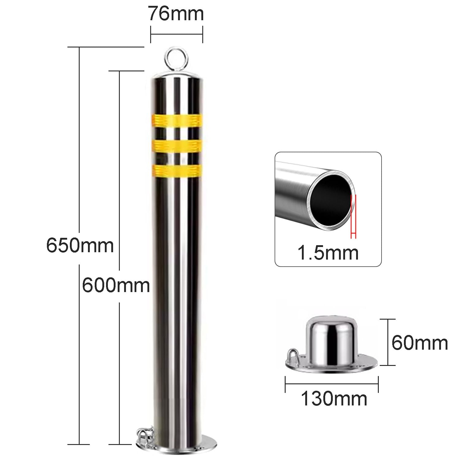 Generico Barriera di Sicurezza Rimovibile in Acciaio Inox per vialetti con Lucchetto - Altezza 650 mm, dissuasore per parcheggio Auto, Cono Stradale Resistente per Una Maggiore Protezione della propr