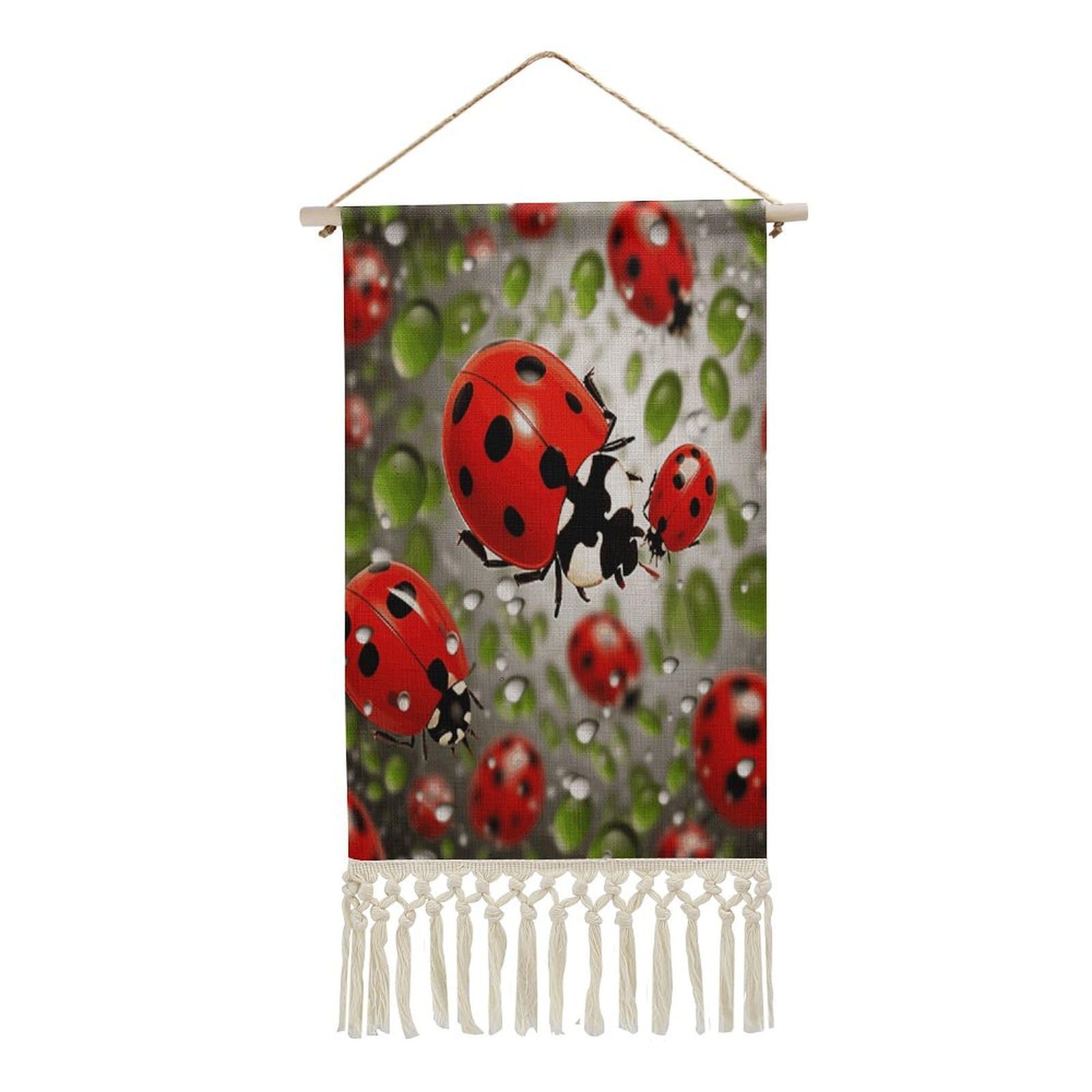 VstaDank Ladybug Wall Art Decor with Tassels 20"x10" Cotton Linen Hanging Tapestry Decor Wall Art Prints Wood Frame Boho Wall Art Poster for Bedroom Living Room Office