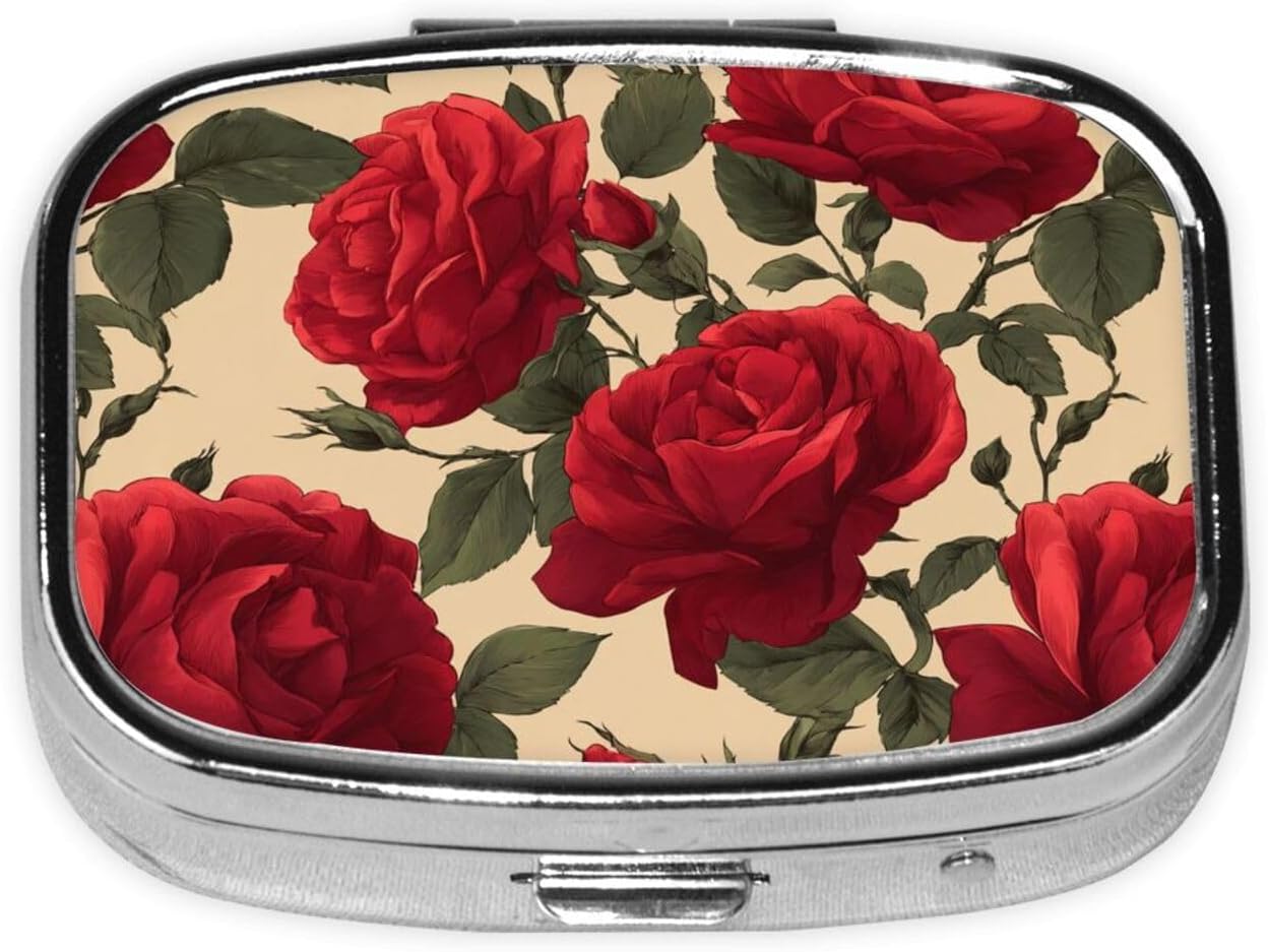 Large Lush Roses Valentine Red Pill Box Square Metal Pill Case with 2 Compartment Travel Pill Organizer for Vitamins Medication