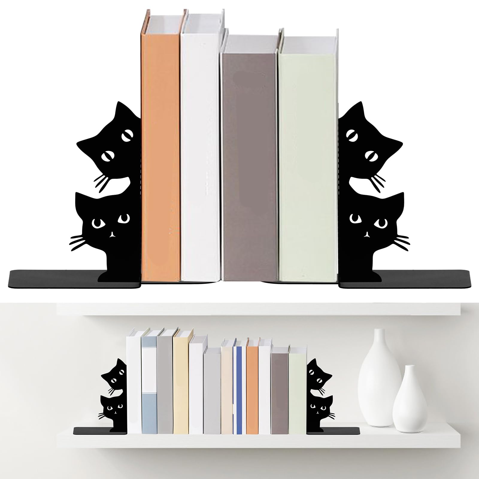 Bpyhebe Girls B 2Pcs Peeping Cat Ookends For Shelves, Heavy Duty Metal Ook Ends With Non-Slip Rubber Pad, Cute Quirky Cat Ook Stoppers Kids, Desktop Ookshelf Decorative, Cats Lover Gifts For Women(B)