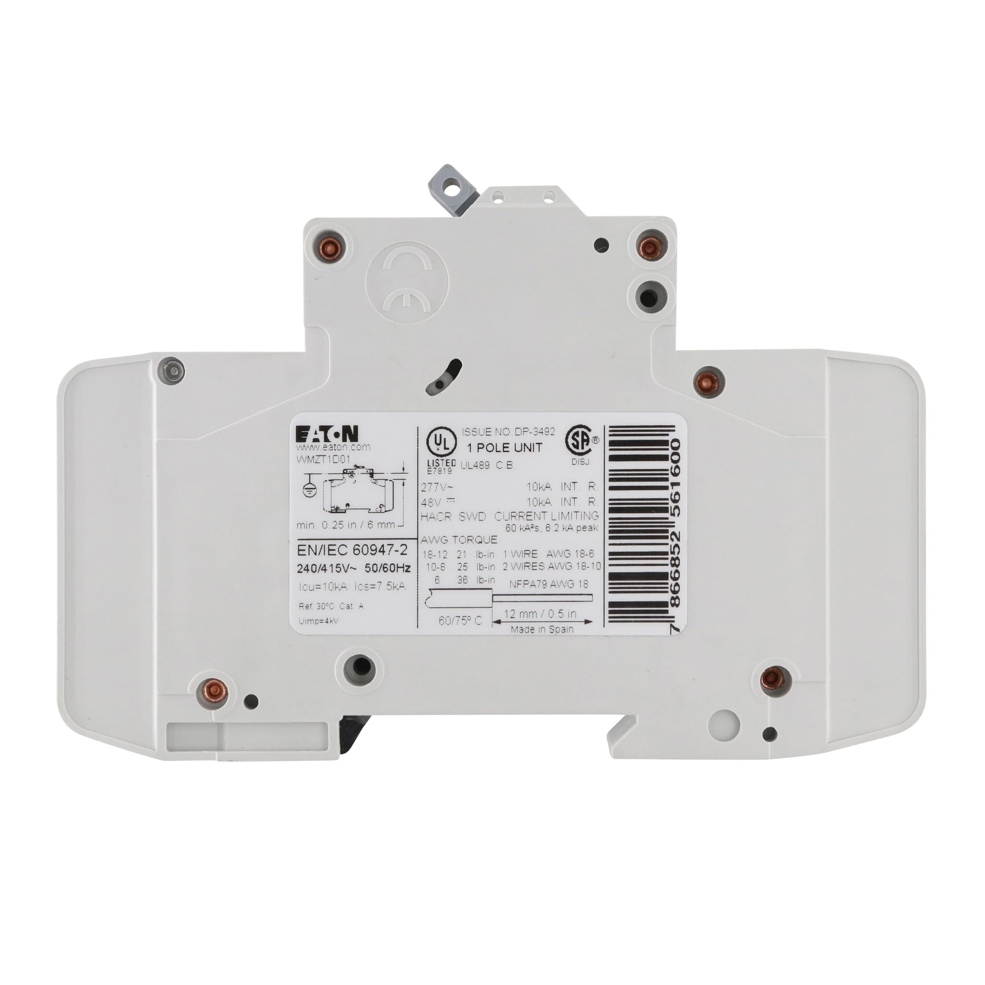 EATON WMZT1D01 Miniature Circuit Breaker, UL489, 1-Pole, 277V, 10kA, 1A