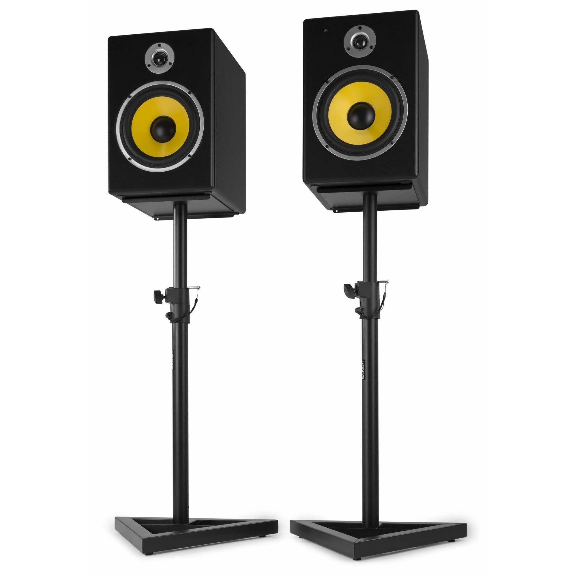 Vonyx Set 2 Soportes de Monitor de Estudio Ajustables 65–115 cm, Base Triangular, Tiras Antideslizantes, Picos o Gomas para Suelo, diseño metálico Resistente y Elegante