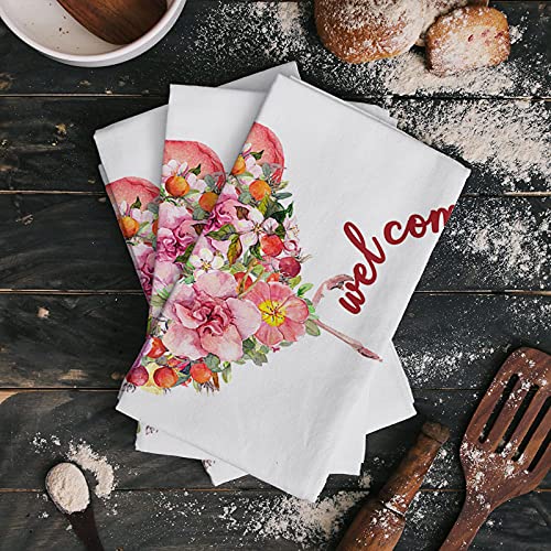 Museday Kitchen Towels Dishcloths Set Of 4, Summer Welcome Elegant Pink Flamingo Gorgeous Tropical Flowers Absorbent Dish Towels Dish Cloths For Drying Kitchen Hand Towels Decorative Tea Towels #TOP1