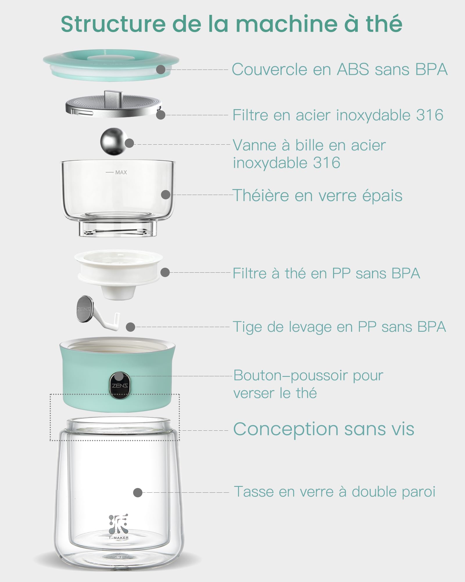 ZENS Tetera de cristal con infusor mágico de un toque
