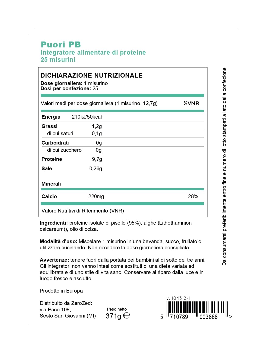 PUORI PB Plant Protein Booster Proteine Vegane con calcio da alghe marine - 317g 25 dosi