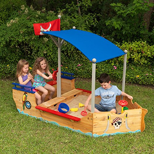 KidKraft Wooden Pirate Sandbox with Canopy, Covered Children's Sandbox, Outdoor Furniture - Blue & Red, Gift for Ages 3-8
